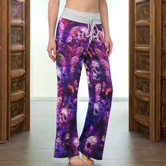 Purple Skull Butterfly Pattern Women's High-waisted Wide Leg Pants