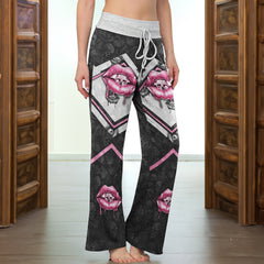 Pink Skull Lip Pattern Women's High-waisted Wide Leg Pants