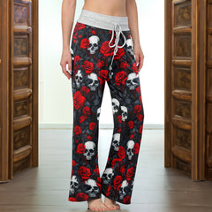 Skull Thorns Rose Pattern Women's High-waisted Wide Leg Pants