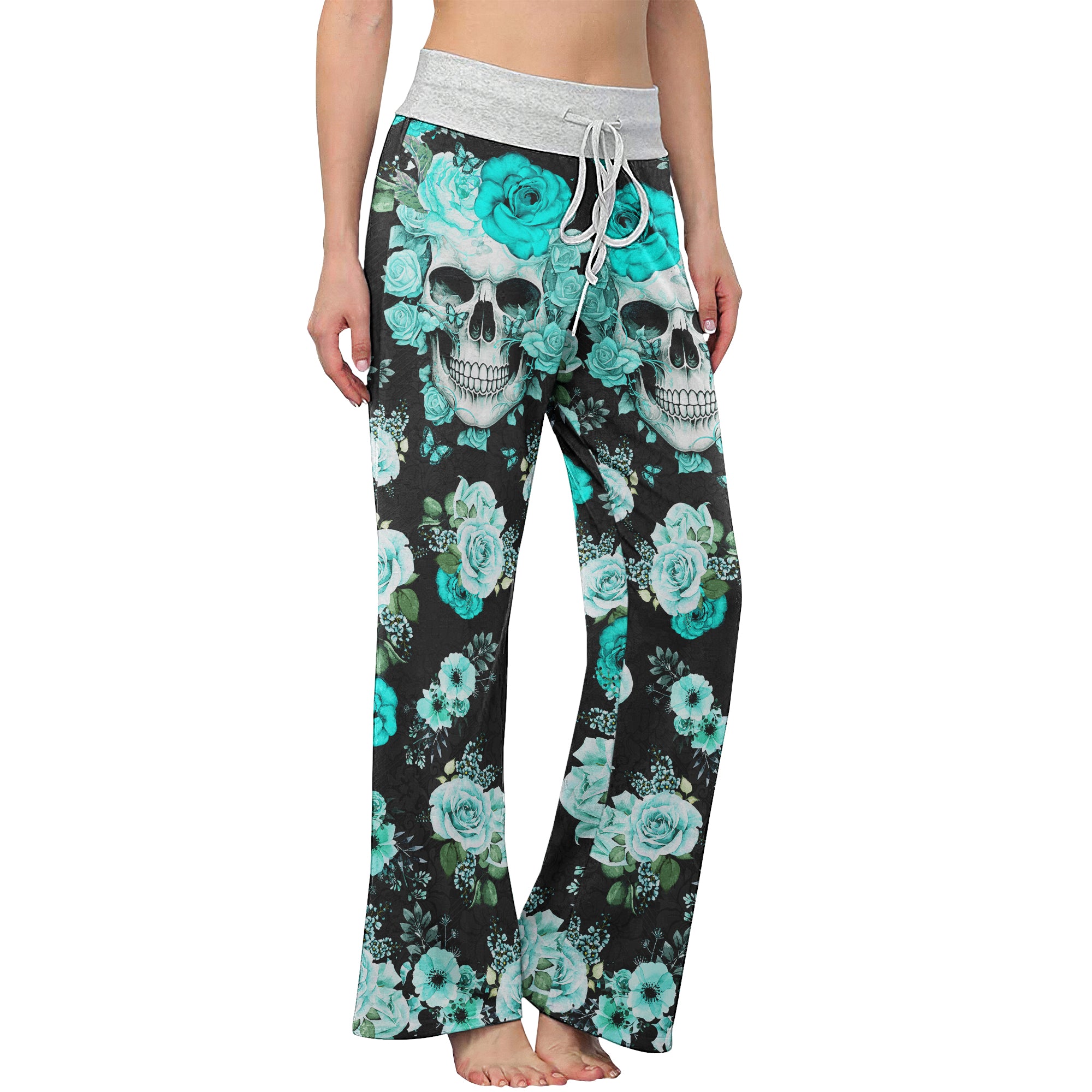 Cyan Skull Floral Art Women's High-waisted Wide Leg Pants | Wonder Skull