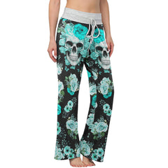 Cyan Skull Floral Art Women's High-waisted Wide Leg Pants | Wonder Skull