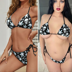 Holographic Leaf Skull Fabric Micro Triangle Bikini Swimsuit