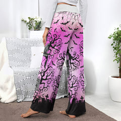 Pink Nightmare Bat Theme Women's High-waisted Wide Leg Pants | Wonder Skull