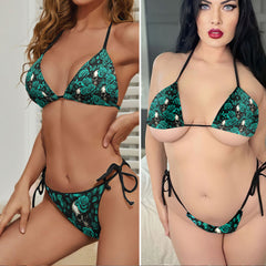 Cyan Bloom Skull Art Micro Triangle Bikini Swimsuit