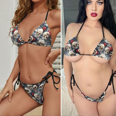 Vintage Skull Rose Monogram Micro Triangle Bikini Swimsuit