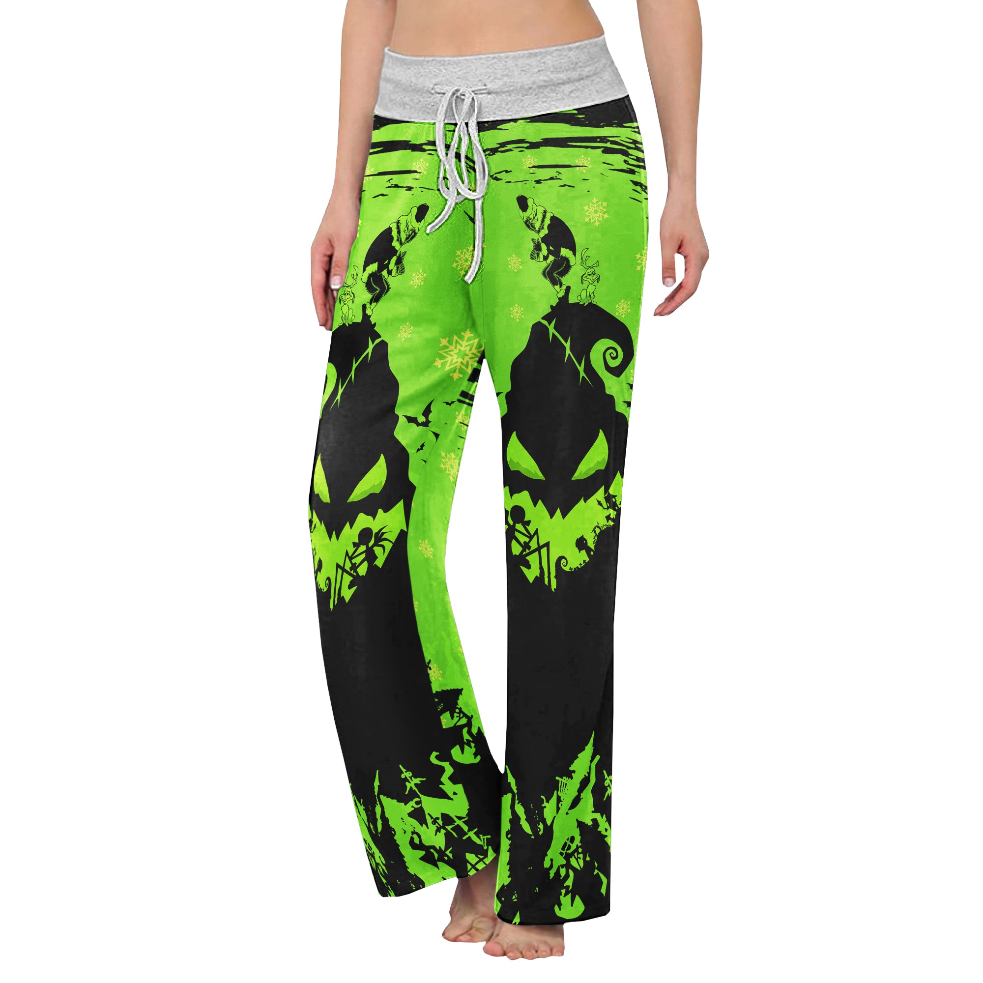 Green Black Christmas Theme Women's High-waisted Wide Leg Pants | Wonder Skull