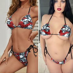 Skull Butterfly Rose Pattern Micro Triangle Bikini Swimsuit