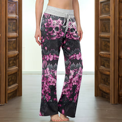 Pink Skull Flower Women's High-waisted Wide Leg Pants