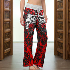 Red Skull Rose Art Women's High-waisted Wide Leg Pants