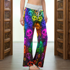 Neon Sugar Skulls Pattern Women's High-waisted Wide Leg Pants