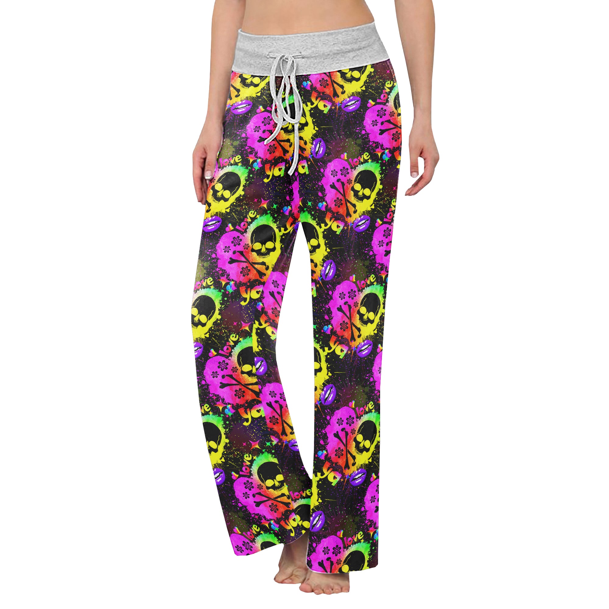 Rainbow Skull Heart Pattern Women's High-waisted Wide Leg Pants | Wonder Skull