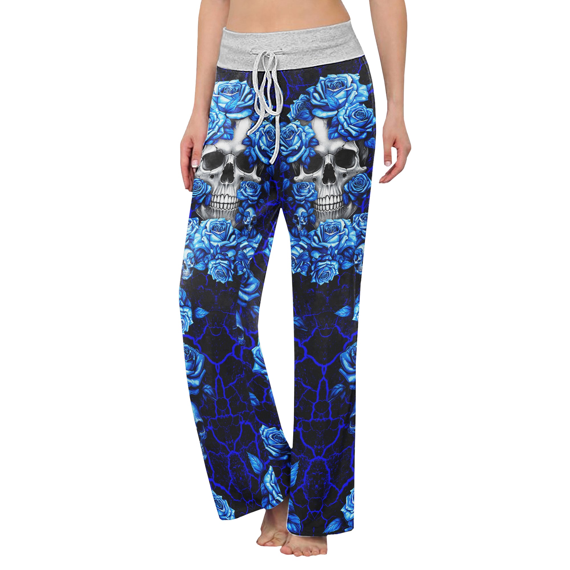 Blue Skull Rose Art Women's High-waisted Wide Leg Pants | Wonder Skull