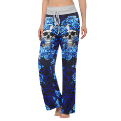 Blue Skull Rose Art Women's High-waisted Wide Leg Pants | Wonder Skull