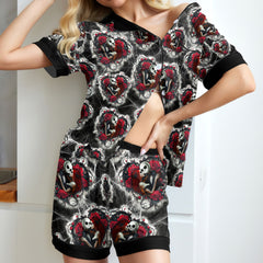 Couple Night Moon Pattern Women's Pajama Sets Top Sleeve & Short Bottom