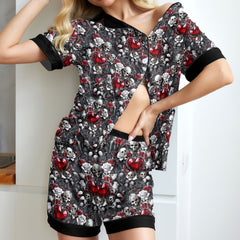 Skull Diamond Rose Pattern Women's Pajama Sets Top Sleeve & Short Bottom