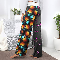 Neon Psychedelic Grin Pattern Women's High-waisted Wide Leg Pants