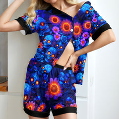 Blue Skull Flower Women's Pajama Sets Top Sleeve & Short Bottom