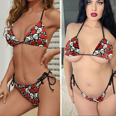 Vintage Skull Red Rose Micro Triangle Bikini Swimsuit