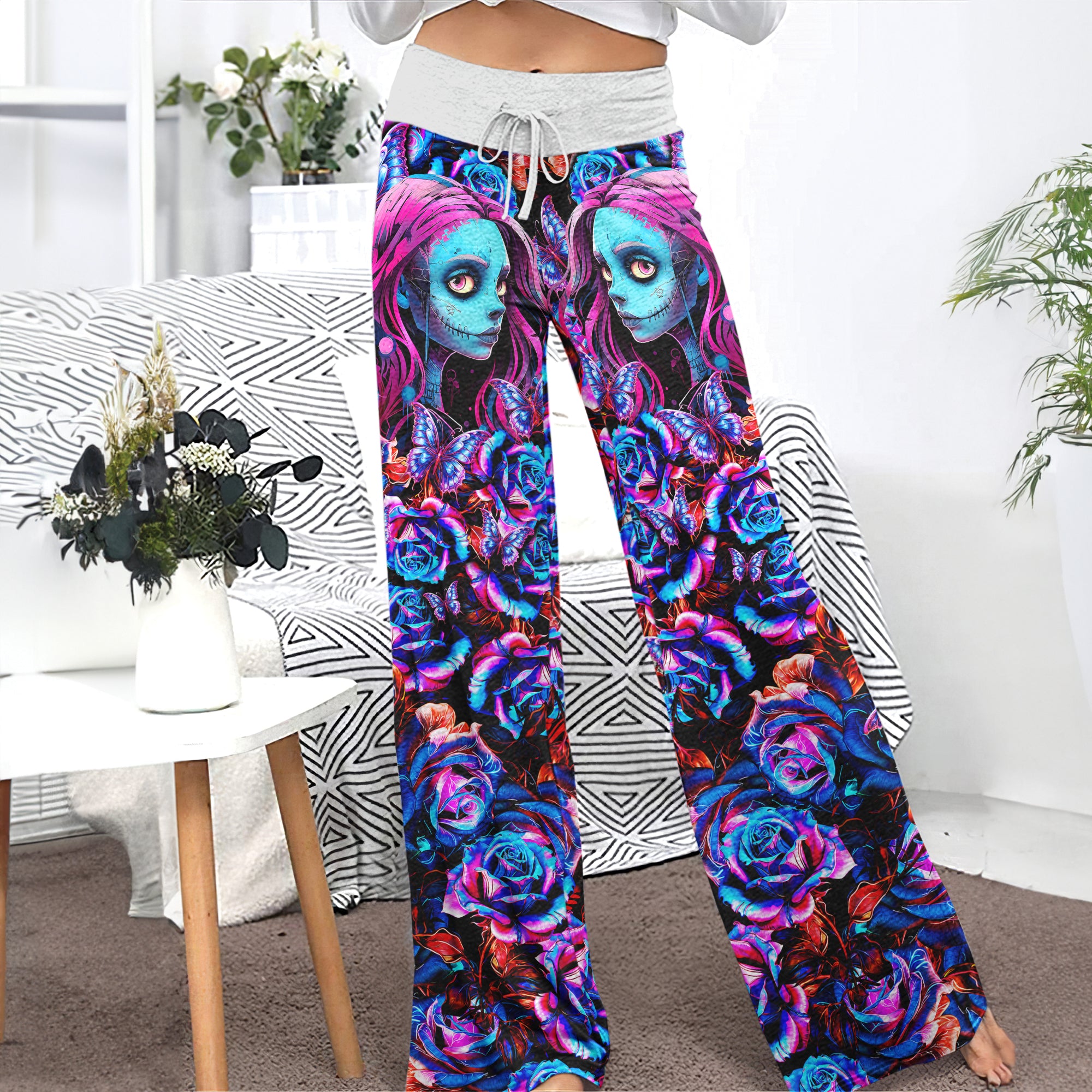 Nightmare Rose Art Women's High-waisted Wide Leg Pants | Wonder Skull