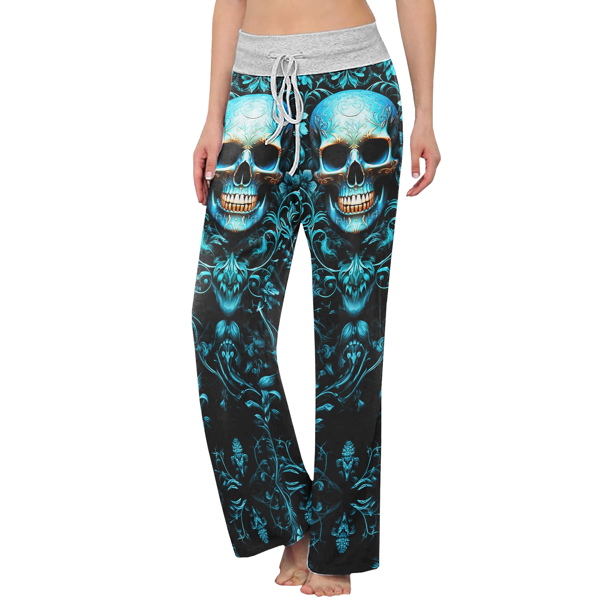 Cyan Skull Floral Gothic Women's High-waisted Wide Leg Pants | Wonder Skull