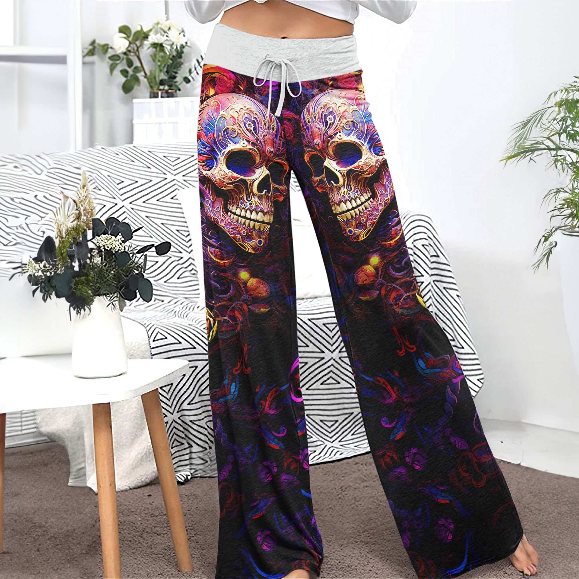 Skull Abstract Floral Art Women's High-waisted Wide Leg Pants | Wonder Skull