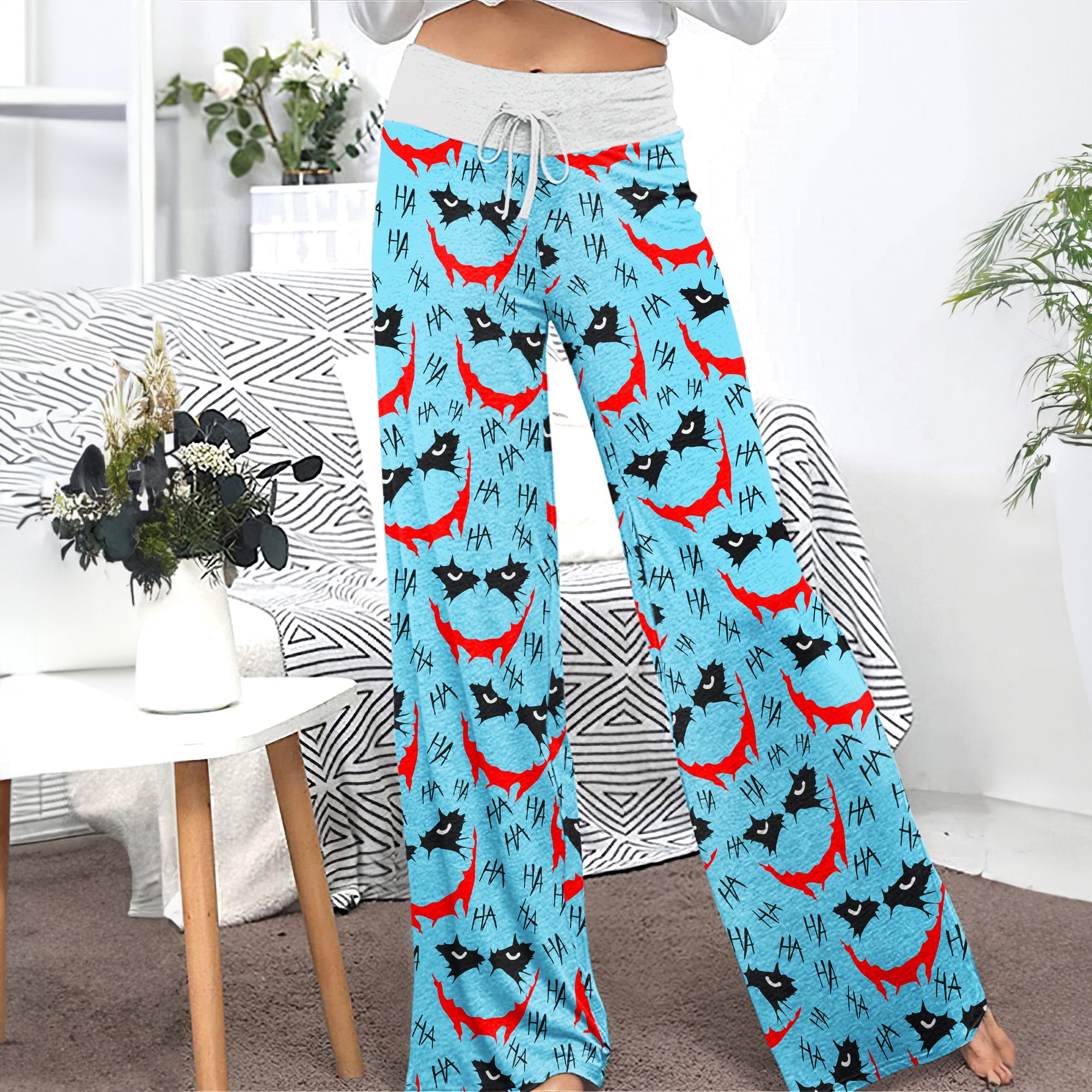 Blue Smile Horror Women's High-waisted Wide Leg Pants | Wonder Skull