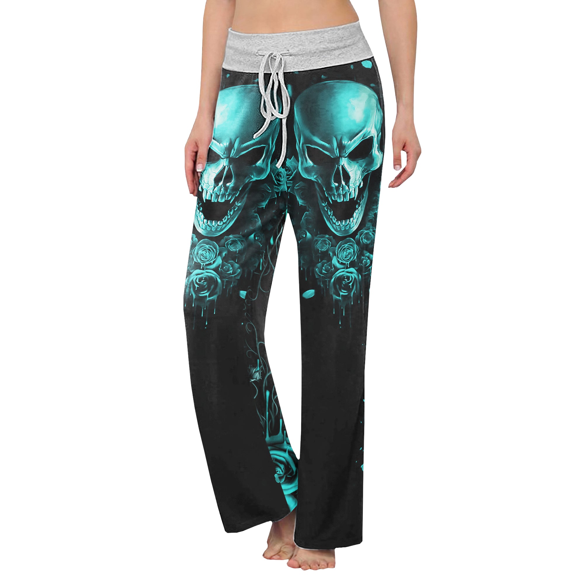 Cyan Skull Abstract Rose Women's High-waisted Wide Leg Pants | Wonder Skull