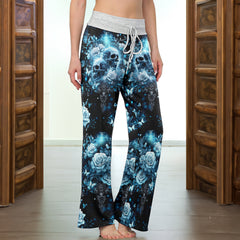 Cyan Galaxy Skull Rose Women's High-waisted Wide Leg Pants