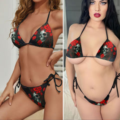 Red Skull Rose Gothic Micro Triangle Bikini Swimsuit