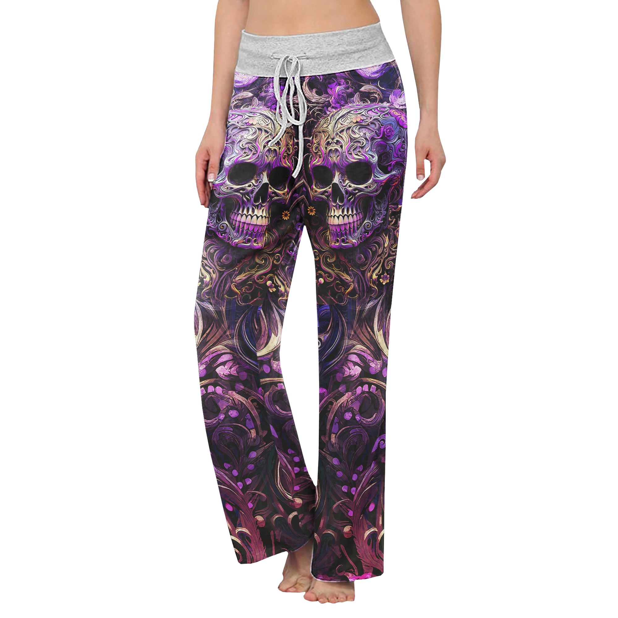 Violet Skull Floral Ornament Women's High-waisted Wide Leg Pants | Wonder Skull