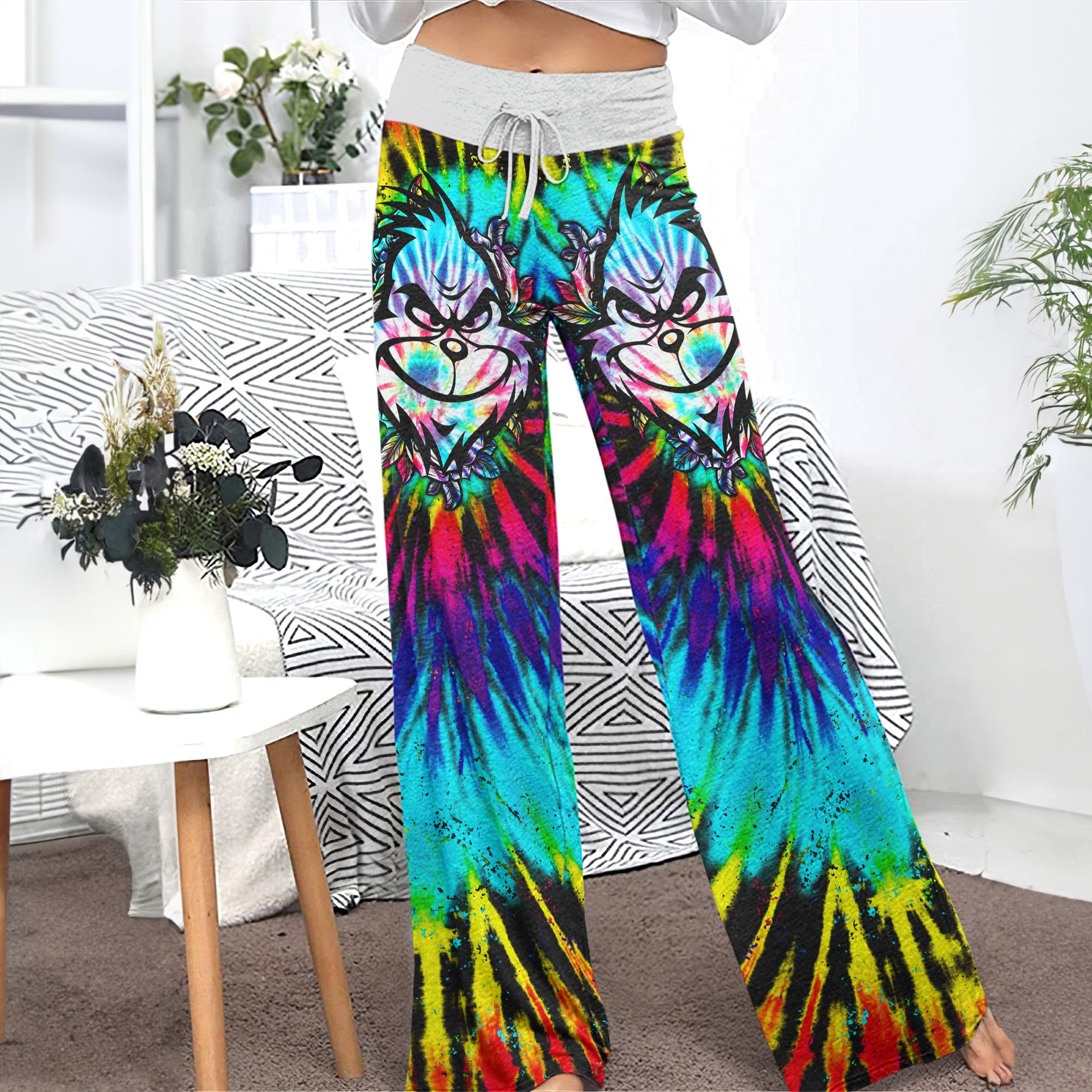 TieDye Rainbow Nightmare Theme Women's High-waisted Wide Leg Pants | Wonder Skull