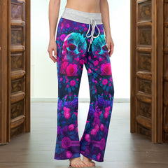 Neon Galaxy Skull Rose Women's High-waisted Wide Leg Pants
