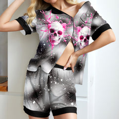 Pink Skull Melting Women's Pajama Sets Top Sleeve & Short Bottom