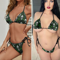 Green Neon Rose Skull Micro Triangle Bikini Swimsuit
