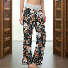 Pastel Skull Flower Pattern Women's High-waisted Wide Leg Pants