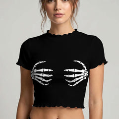 Wonder Skull sheer mesh crop top and thong set delivers the perfect balance of comfortable and confident. Ultra-lightweight mesh fabric breathes freely against your skin while stretching gently to hug your natural curves without any restrictive squeezing. Playful lettuce edge trim at the neckline, sleeves, and hem adds cute feminine detail with soft ruffled texture. The flattering cropped length hits perfectly above your waist, creating an elongated silhouette that makes you feel amazing. Whether you're we