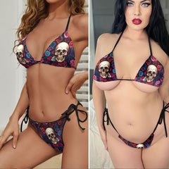 Vintage Skulls Roses Pattern Micro Triangle Bikini Swimsuit
