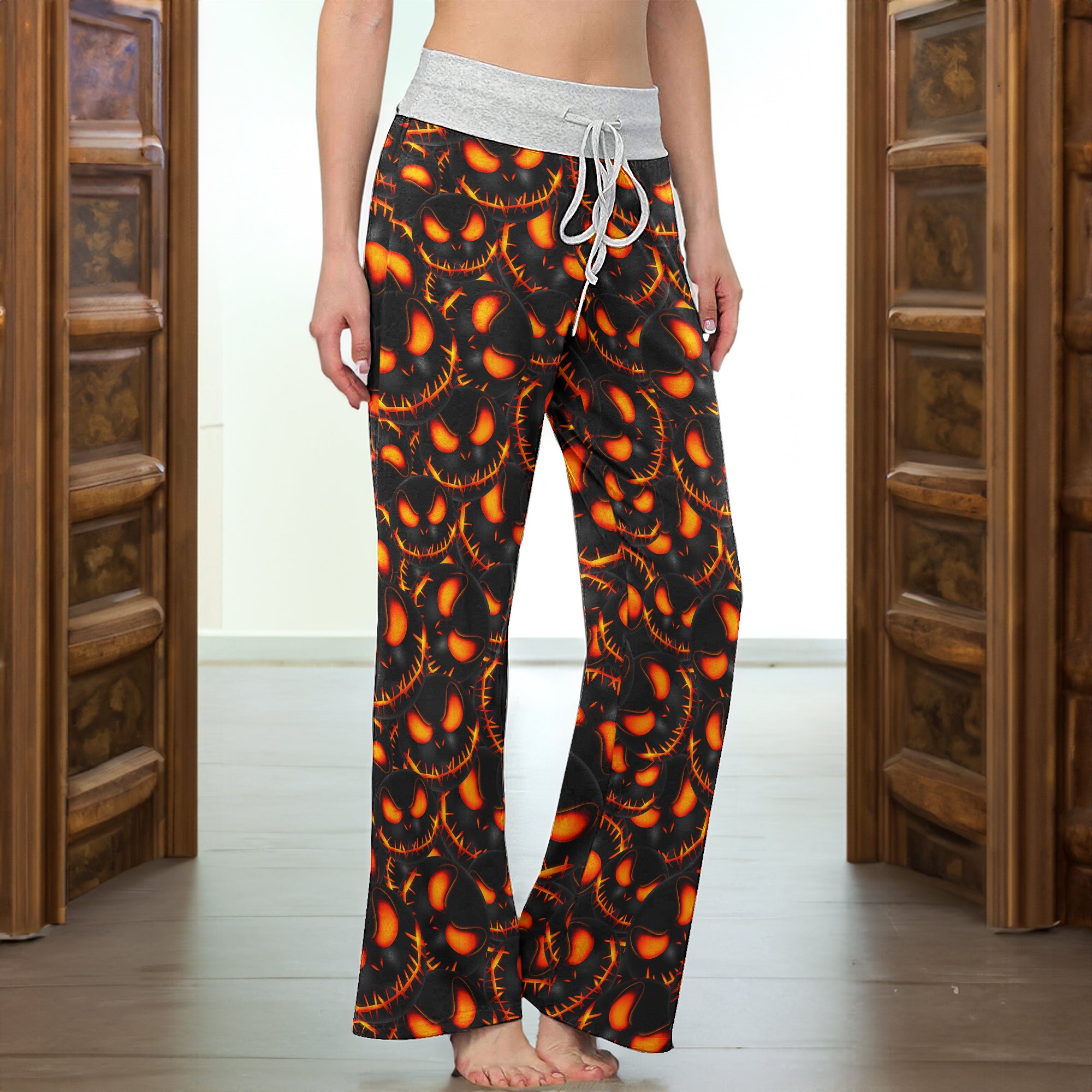 Orange Scary Face Pattern Women's High-waisted Wide Leg Pants | Wonder Skull