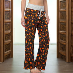 Orange Scary Face Pattern Women's High-waisted Wide Leg Pants | Wonder Skull