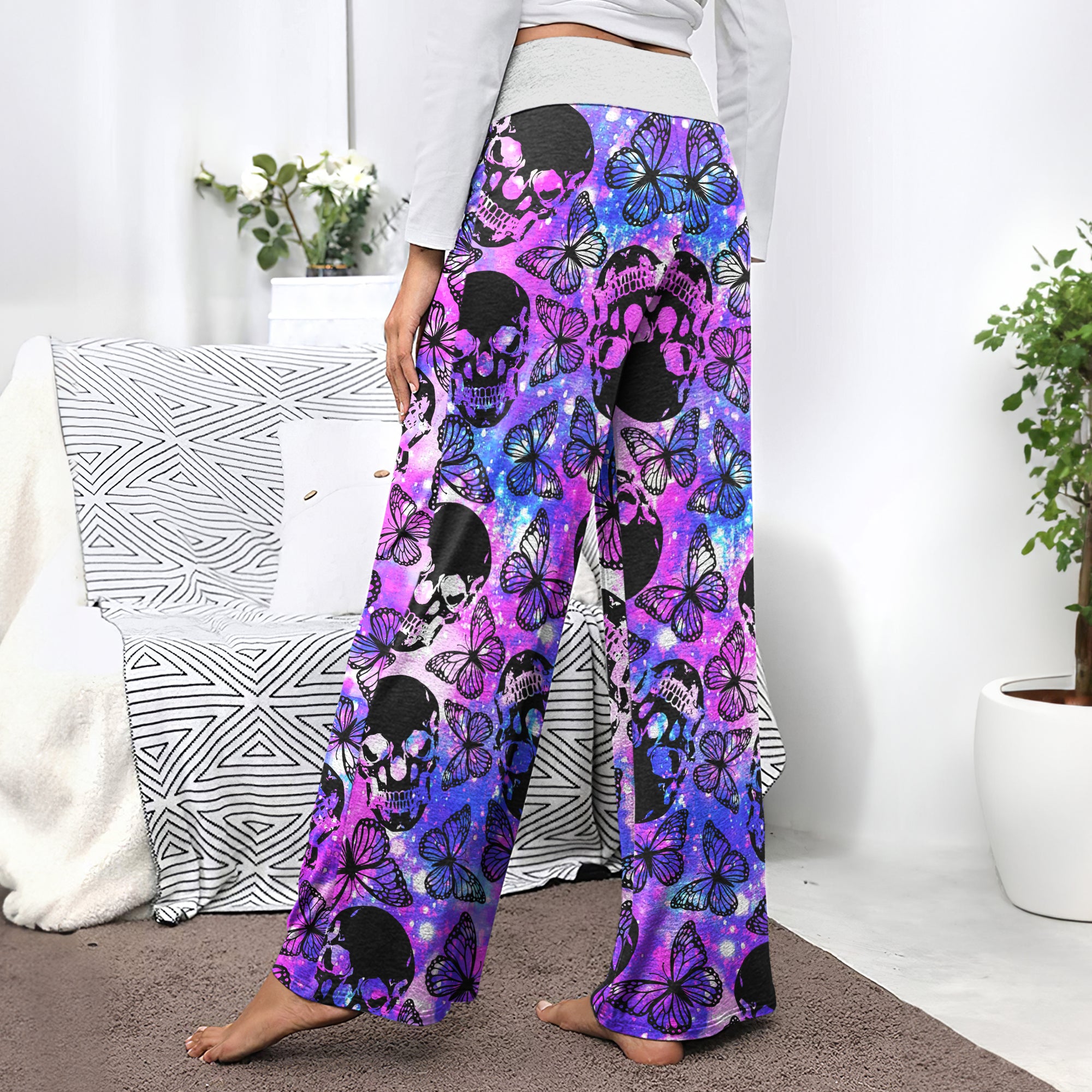 Purple Smoke Skull Butterfly Women's High-waisted Wide Leg Pants | Wonder Skull