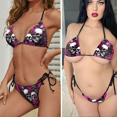 Pink Roses Eternal Skull Micro Triangle Bikini Swimsuit