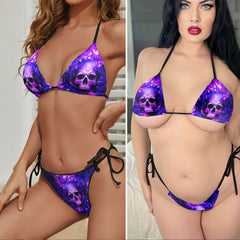 Purple Inferno Skull Art Micro Triangle Bikini Swimsuit