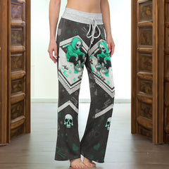 Green Skull Lip Pattern Women's High-waisted Wide Leg Pants