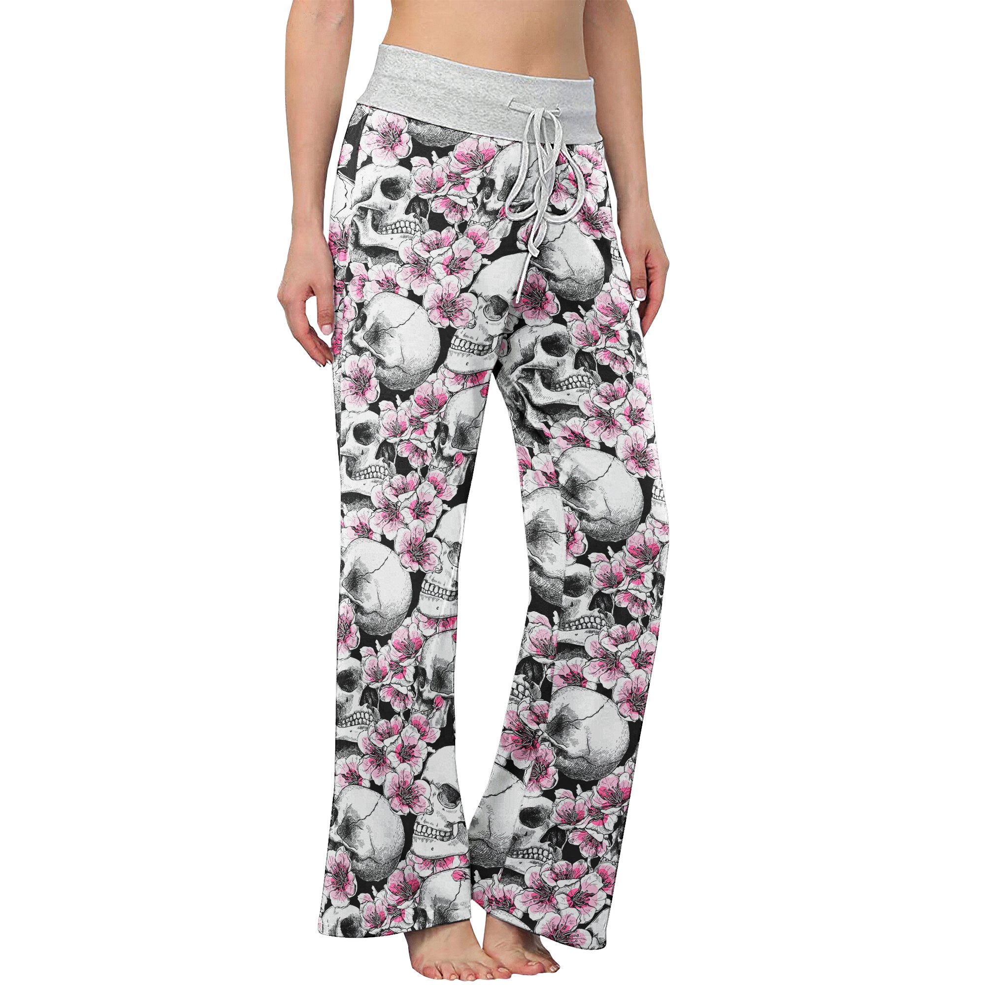 Pink Pastel Floral Skull Women's High-waisted Wide Leg Pants | Wonder Skull