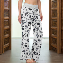 Black Skull Leaf Pattern Women's High-waisted Wide Leg Pants