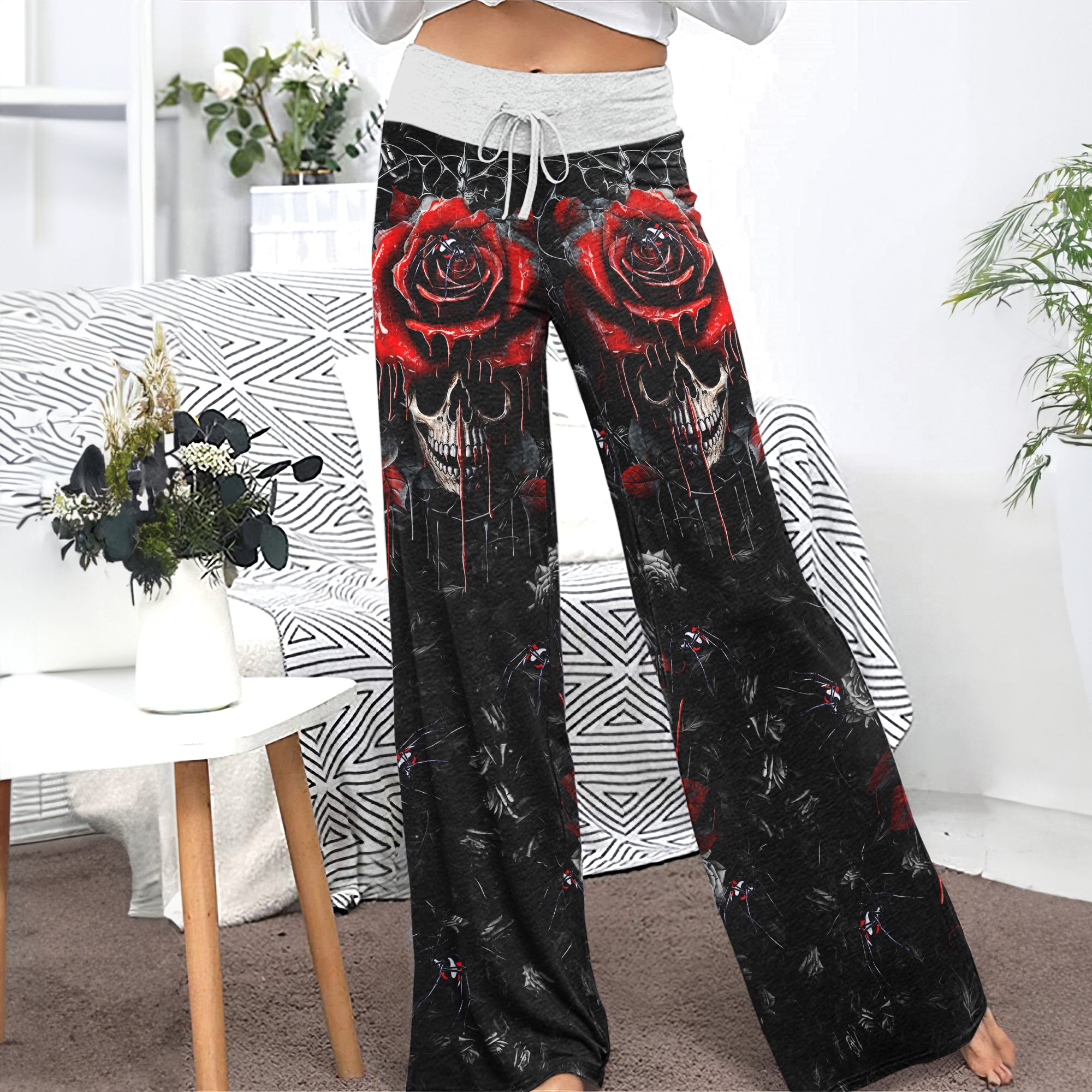 Dark Gothic Skull Rose Women's High-waisted Wide Leg Pants | Wonder Skull