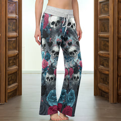 Cyan Skull Rose Pattern Women's High-waisted Wide Leg Pants