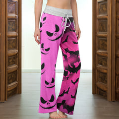 Pink Bat Skull Pattern Women's High-waisted Wide Leg Pants