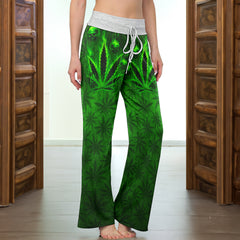 Green Leaf Skull Women's High-waisted Wide Leg Pants