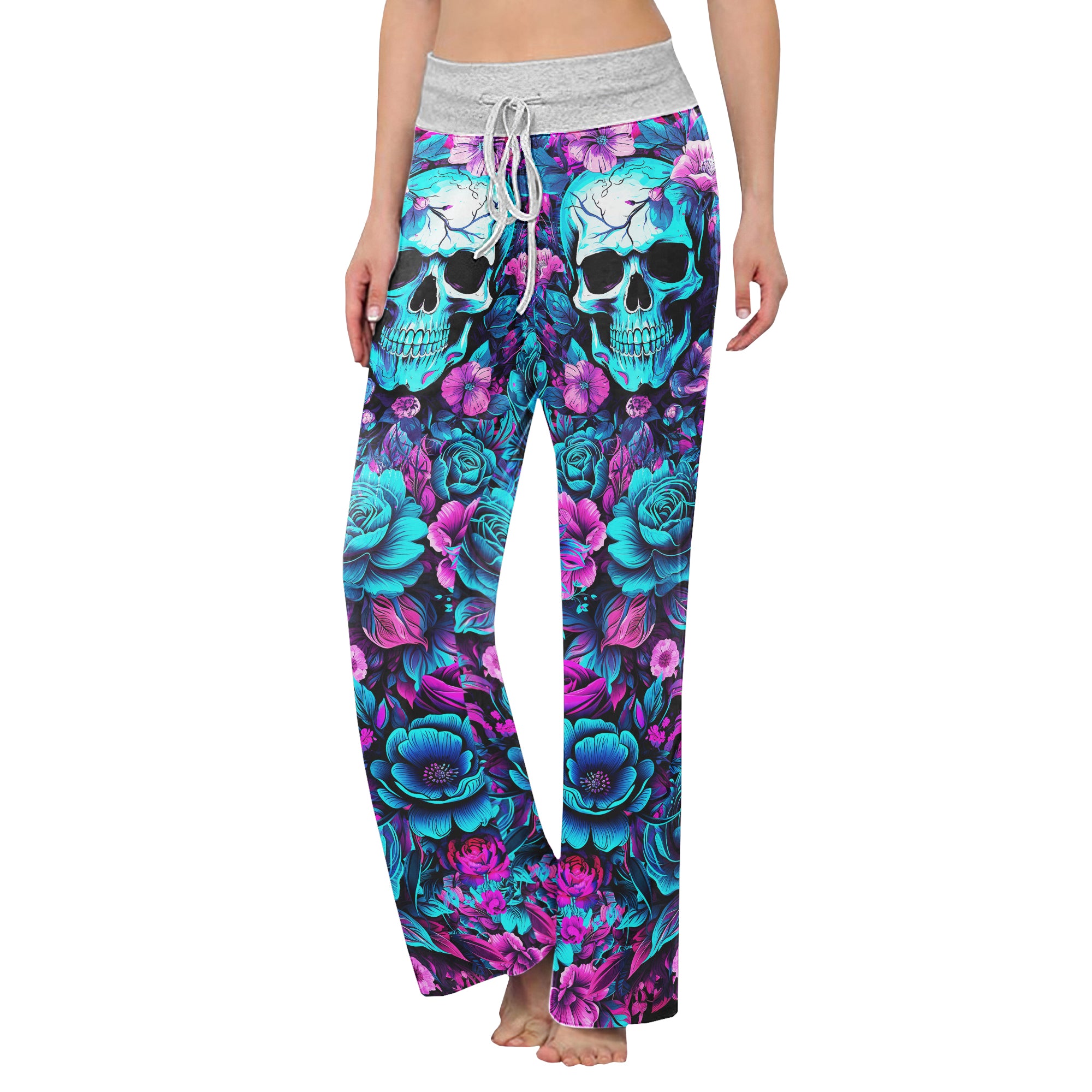 Pink Cyan Skull Floral Women's High-waisted Wide Leg Pants | Wonder Skull